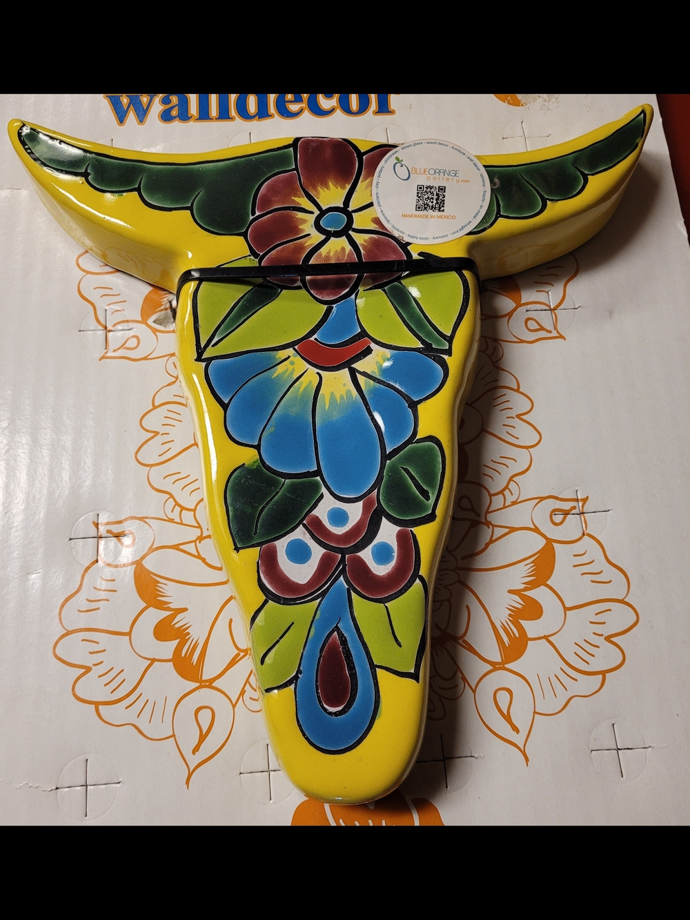 Handpainted Talavera-Style Bull Head Wall Decor — Yellow & Multicolor
